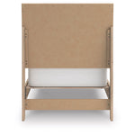 TOCO Meubles Lit Olive en bois clair avec tête de lit cannelée et sommier blanc, style contemporain.