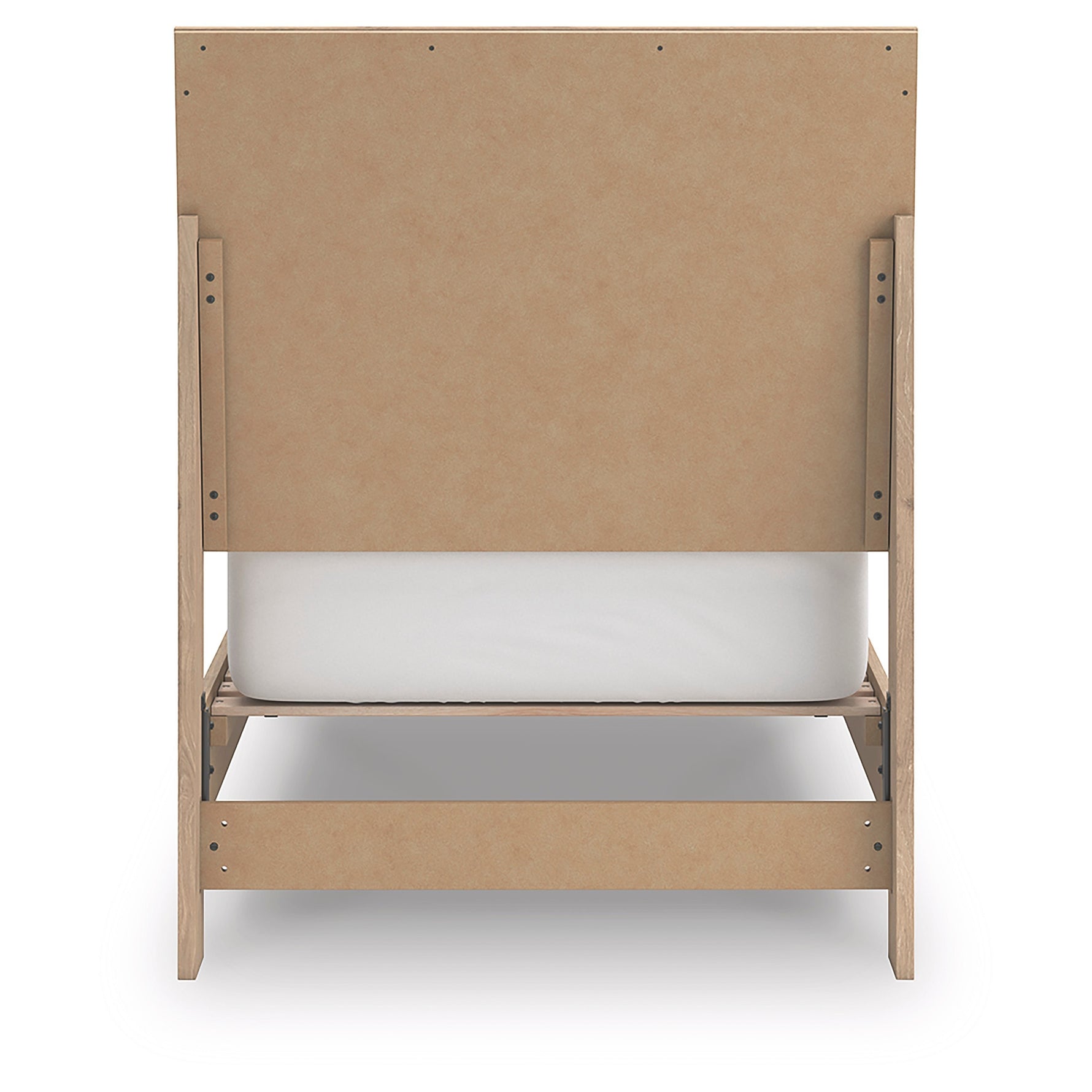 TOCO Meubles Lit Olive en bois clair avec tête de lit cannelée et sommier blanc, style contemporain.