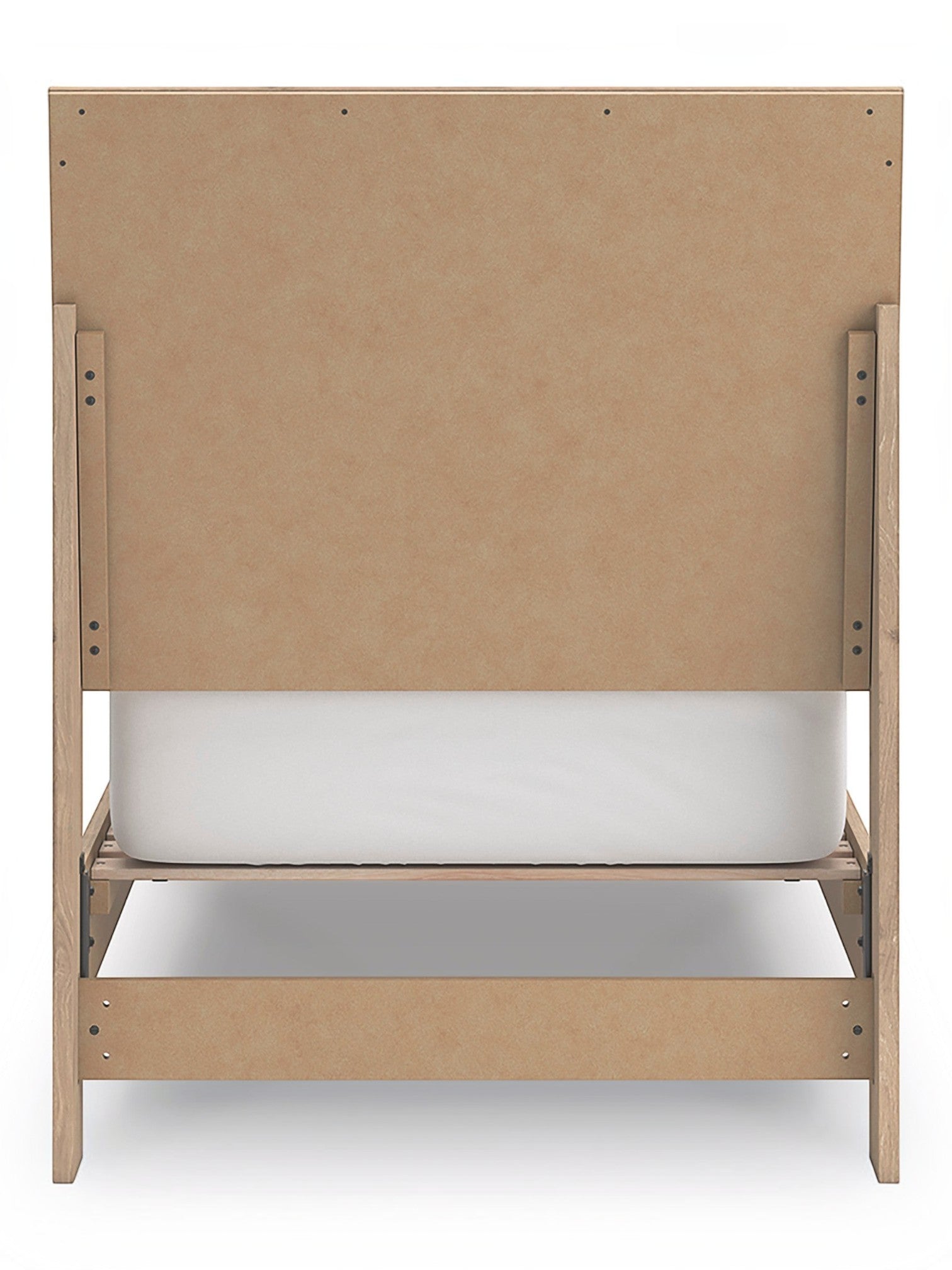TOCO Meubles Lit Olive en bois clair avec tête de lit cannelée et sommier blanc, style contemporain.