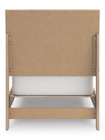 TOCO Meubles Lit Olive en bois clair avec tête de lit cannelée et sommier blanc, style contemporain.
