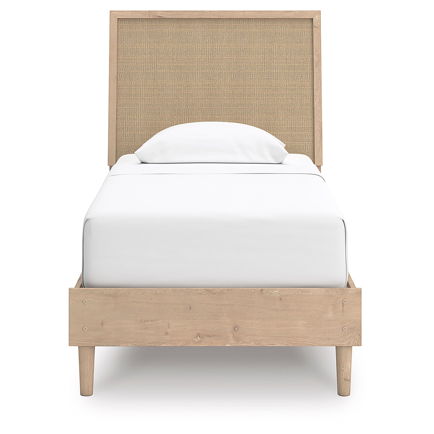 Lit simple TOCO Meubles Olive en bois clair avec tête de lit en cannage beige, finition chêne naturel.