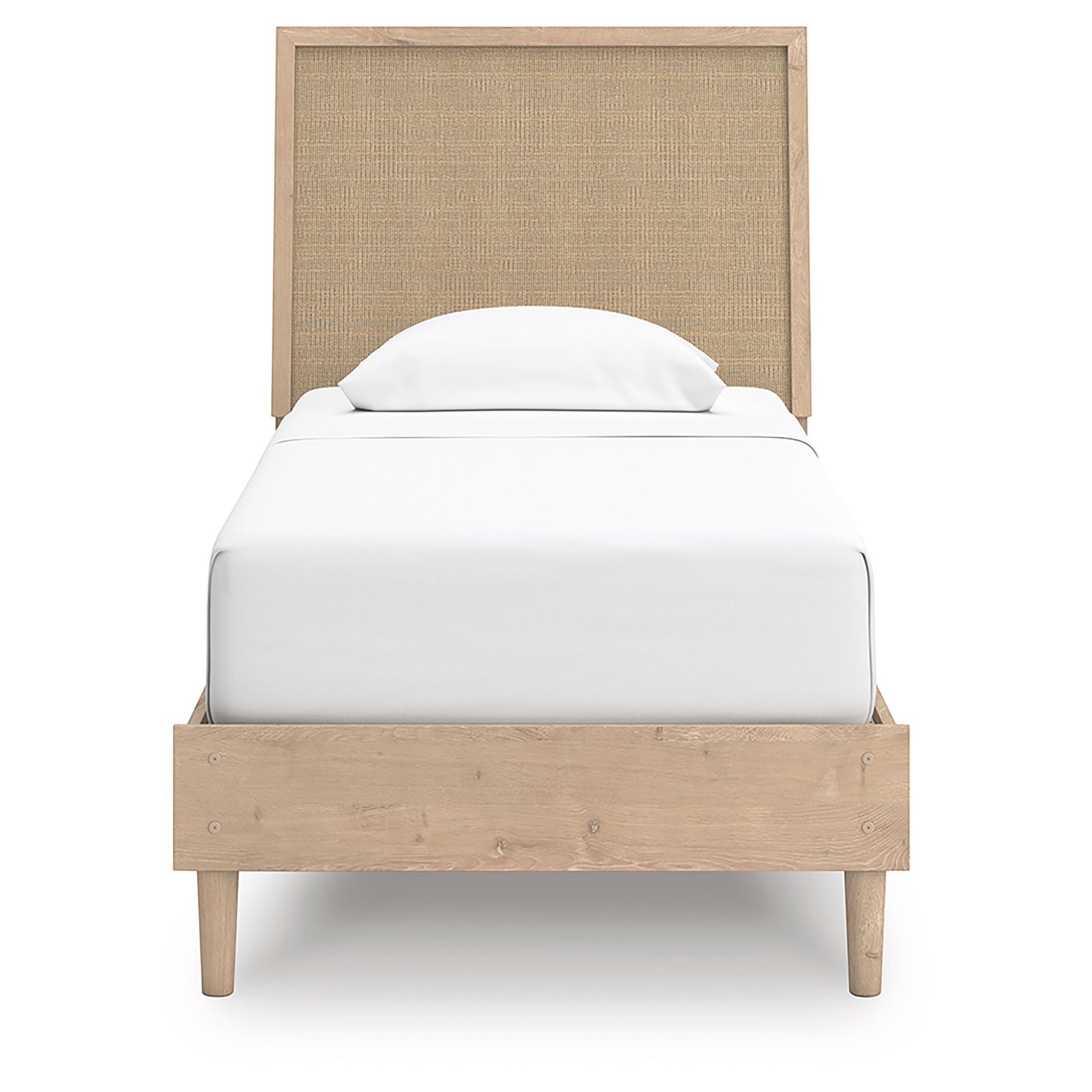 Lit simple TOCO Meubles Olive en bois clair avec tête de lit en cannage beige, finition chêne naturel.