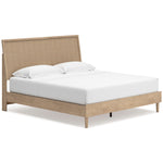 TOCO Meubles Lit Olive en bois clair avec tête de lit en cannage texturé beige, style contemporain.