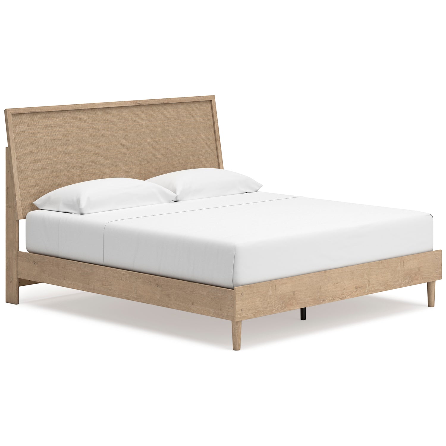 TOCO Meubles Lit Olive en bois clair avec tête de lit en cannage texturé beige, style contemporain.