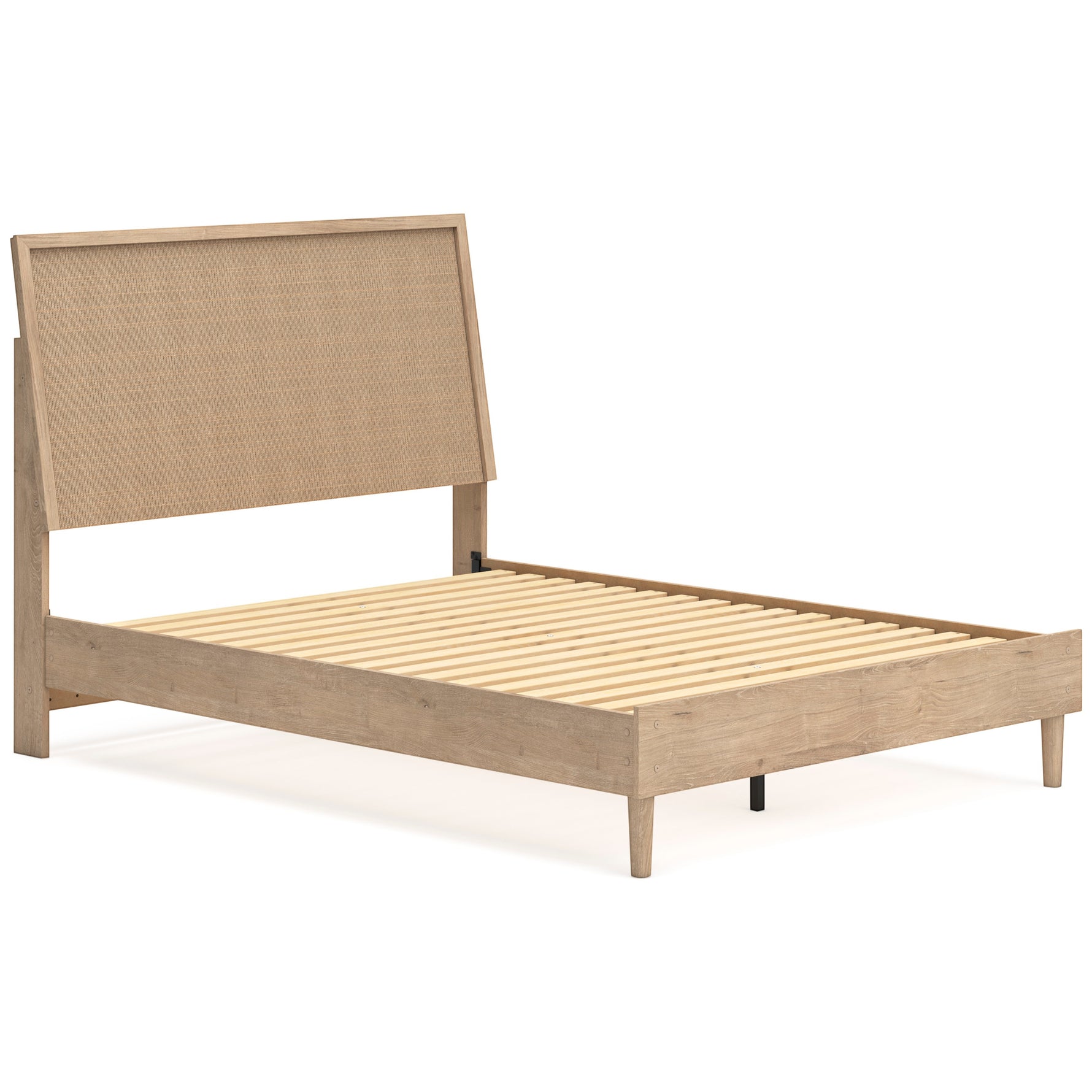 TOCO Meubles Grand Lit Olive en bois clair avec tête de lit en cannage beige, style contemporain.