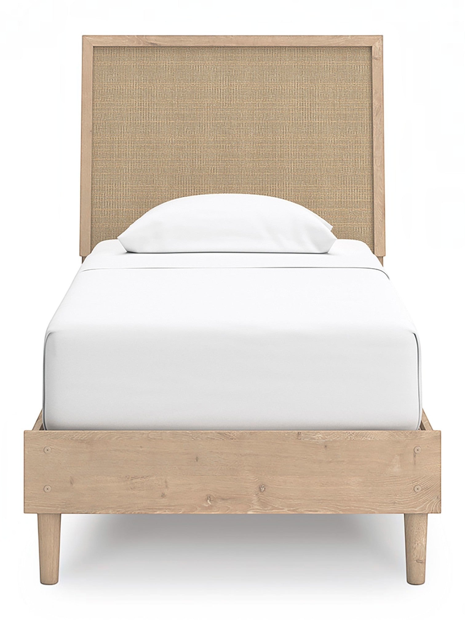 Lit simple TOCO Meubles Olive en bois clair avec tête de lit en cannage beige, finition chêne naturel.