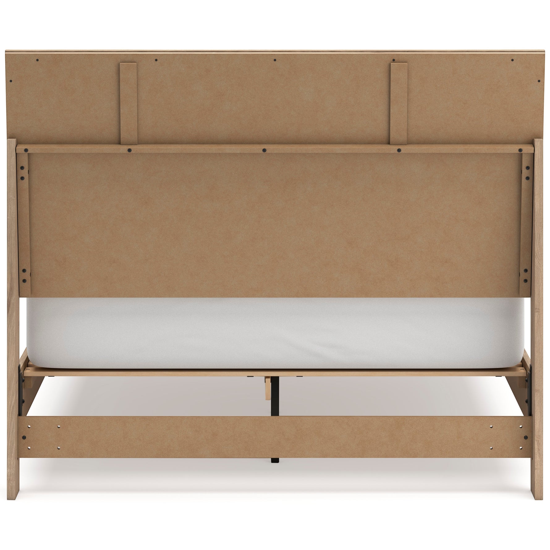 TOCO Meubles Grand Lit Olive en bois clair avec tête de lit cannée beige et sommier blanc