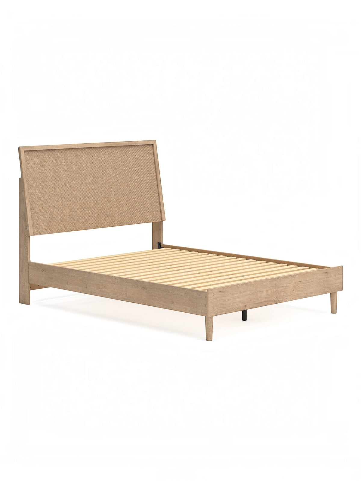 Grand lit TOCO Meubles Olive en bois clair effet chêne avec tête de lit texturée beige style cannage