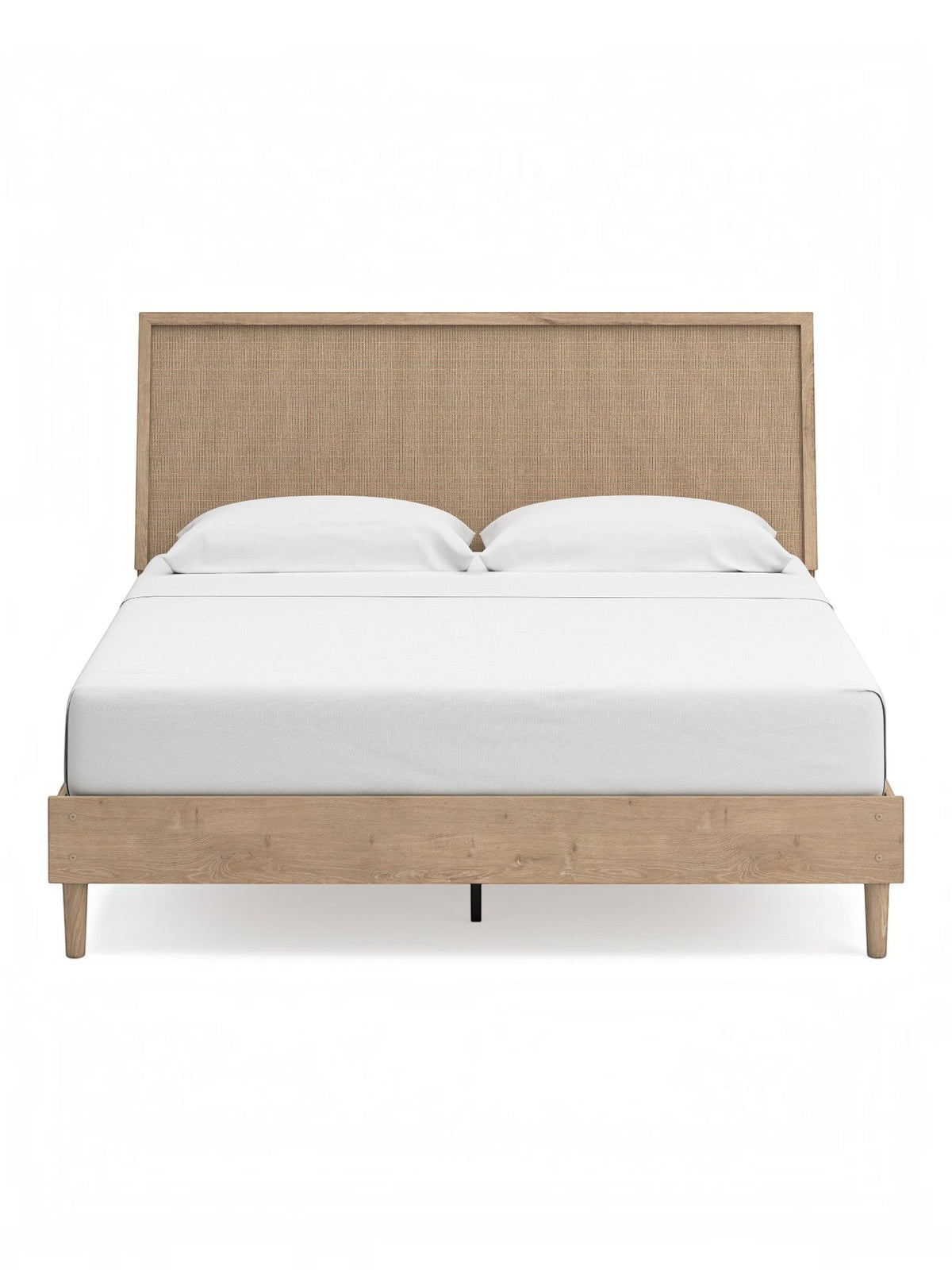 Très grand lit TOCO Meubles Olive en bois clair effet chêne avec tête de lit texturée beige style cannage
