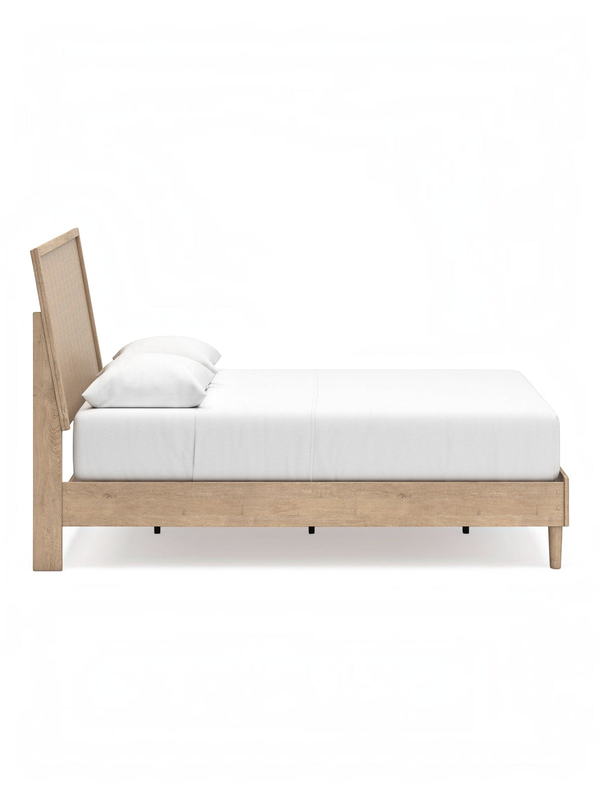 Lit double TOCO Meubles Olive en chêne clair avec tête de lit texturée beige, vue de profil sur fond blanc.