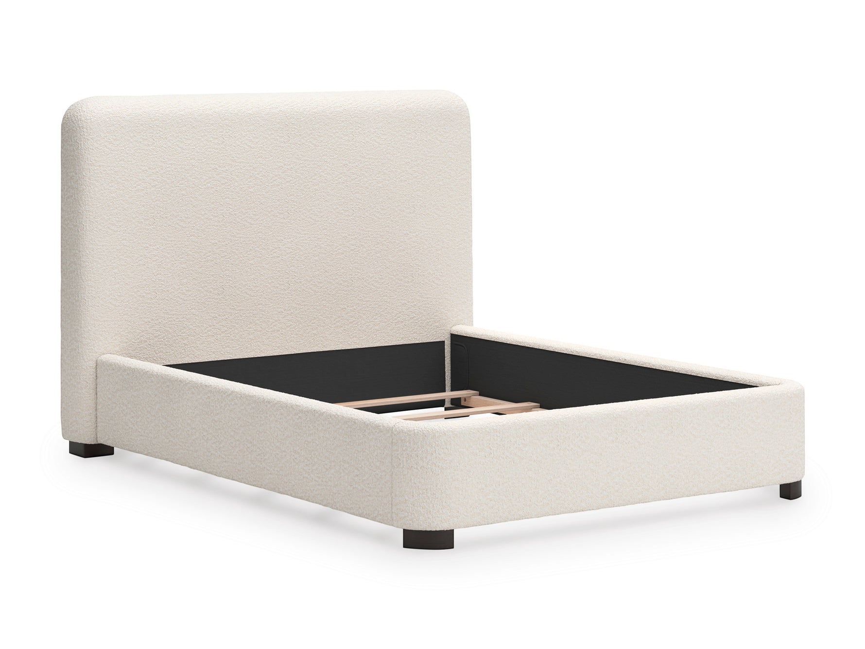 Lit Paloma TOCO Meubles blanc cassé en tissu bouclé avec tête de lit enveloppante et pieds discrets.