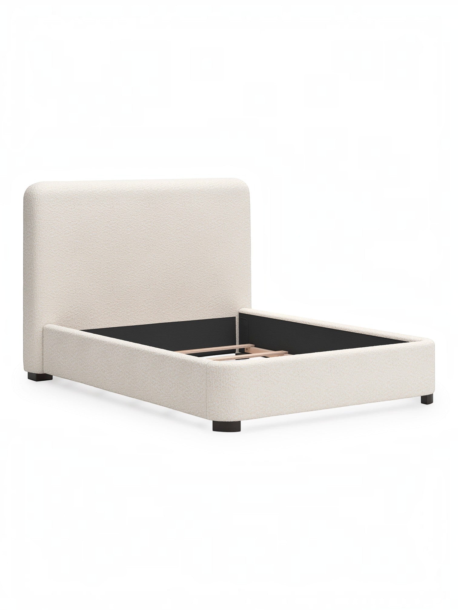 Lit Paloma TOCO Meubles blanc cassé en tissu bouclé avec tête de lit enveloppante et pieds discrets.
