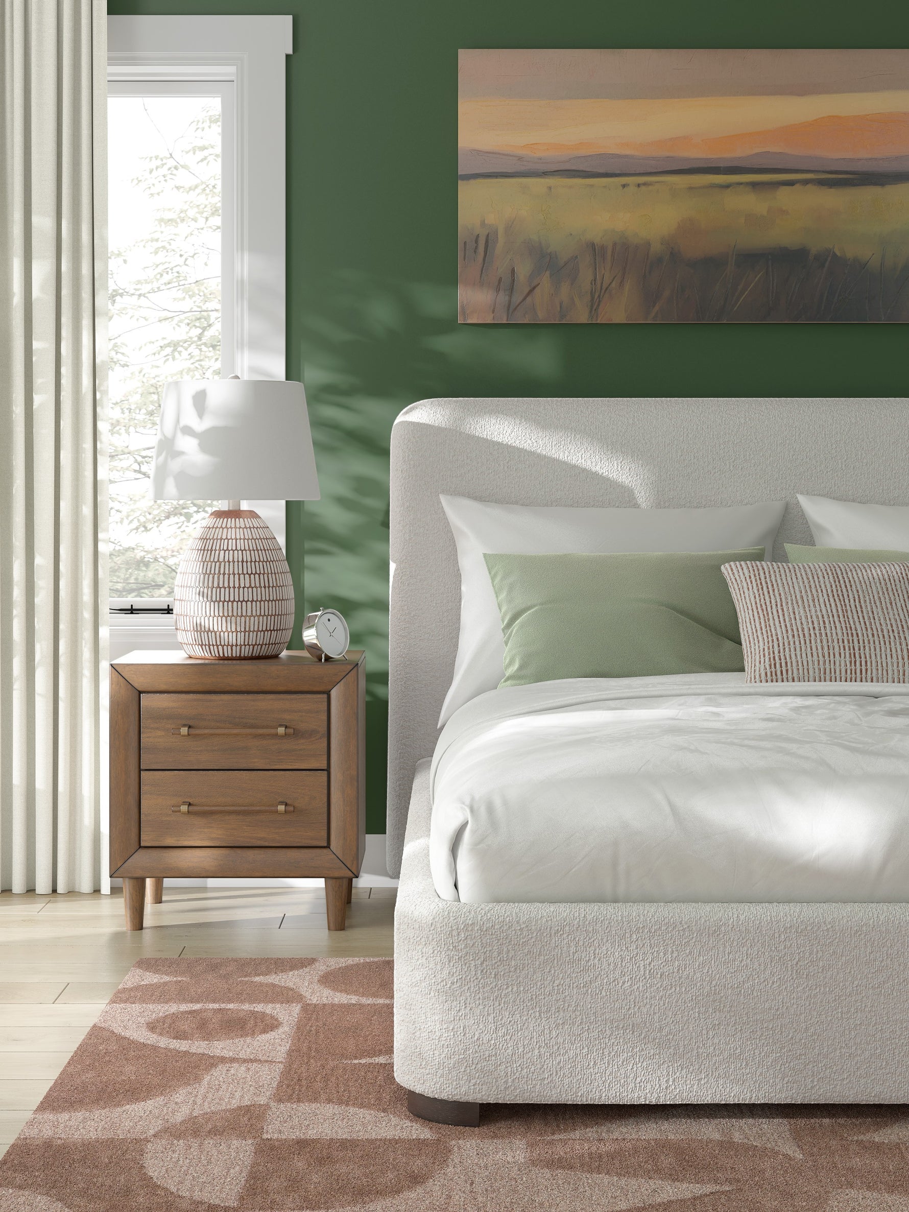 TOCO Meubles Lit Paloma très grand, rembourré en tissu bouclé blanc cassé, avec tête de lit enveloppante et pieds discrets.