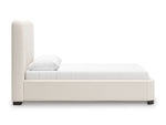 Lit Paloma TOCO Meubles très grand, rembourré en tissu bouclé crème, avec tête de lit enveloppante et pieds discrets.