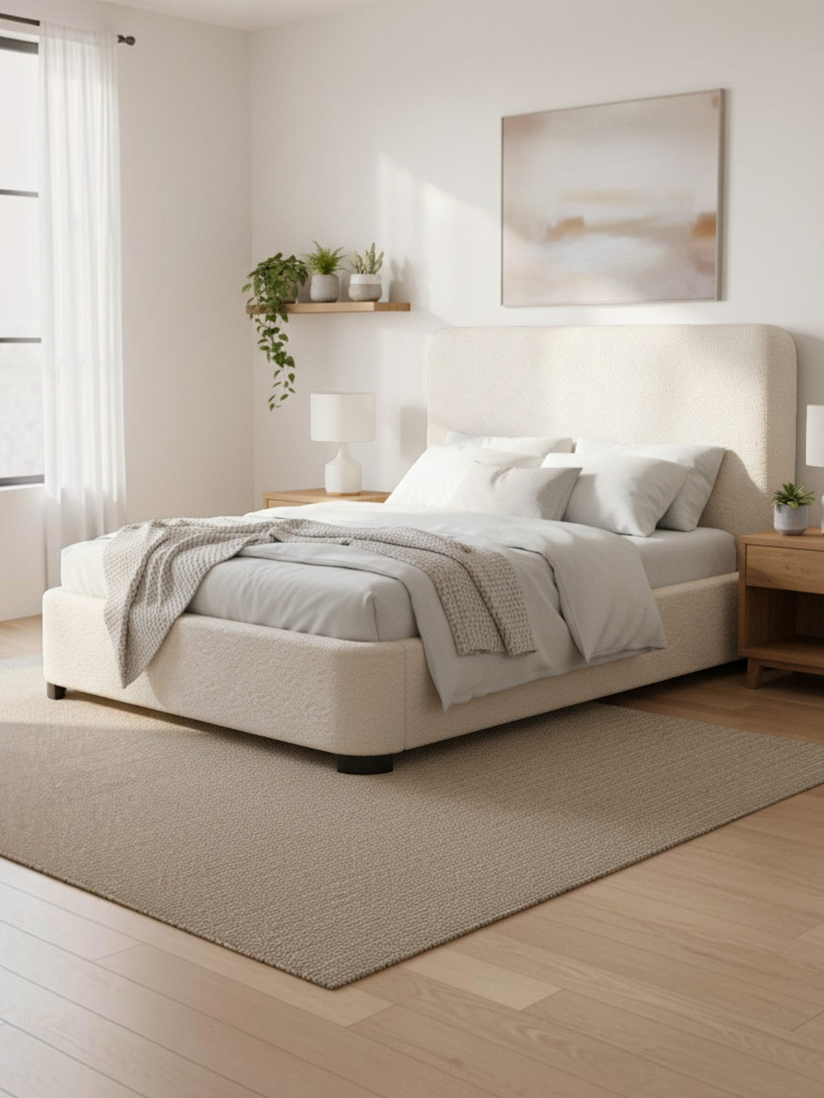 Lit double TOCO Meubles Paloma en tissu bouclette crème avec tête de lit rembourrée dans une chambre moderne