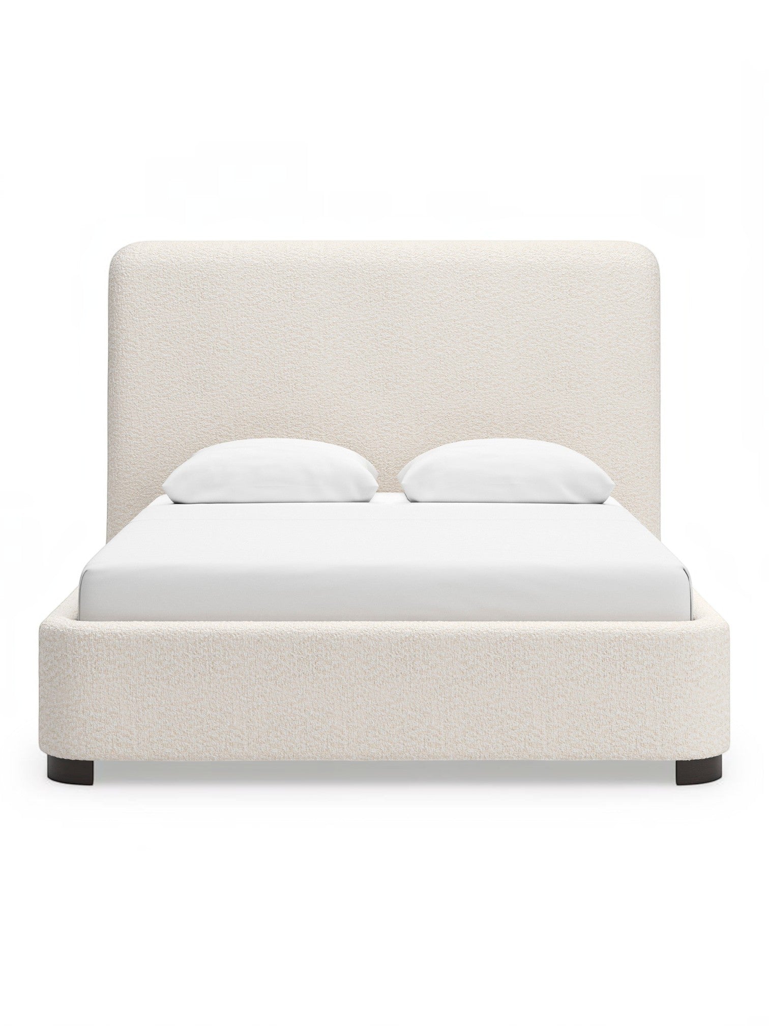 Lit Paloma TOCO Meubles en tissu bouclé crème avec tête de lit haute et pieds sombres. Design moderne.