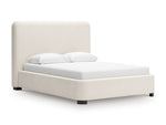 Grand lit Paloma TOCO Meubles en tissu bouclé crème avec tête de lit enveloppante et pieds discrets.