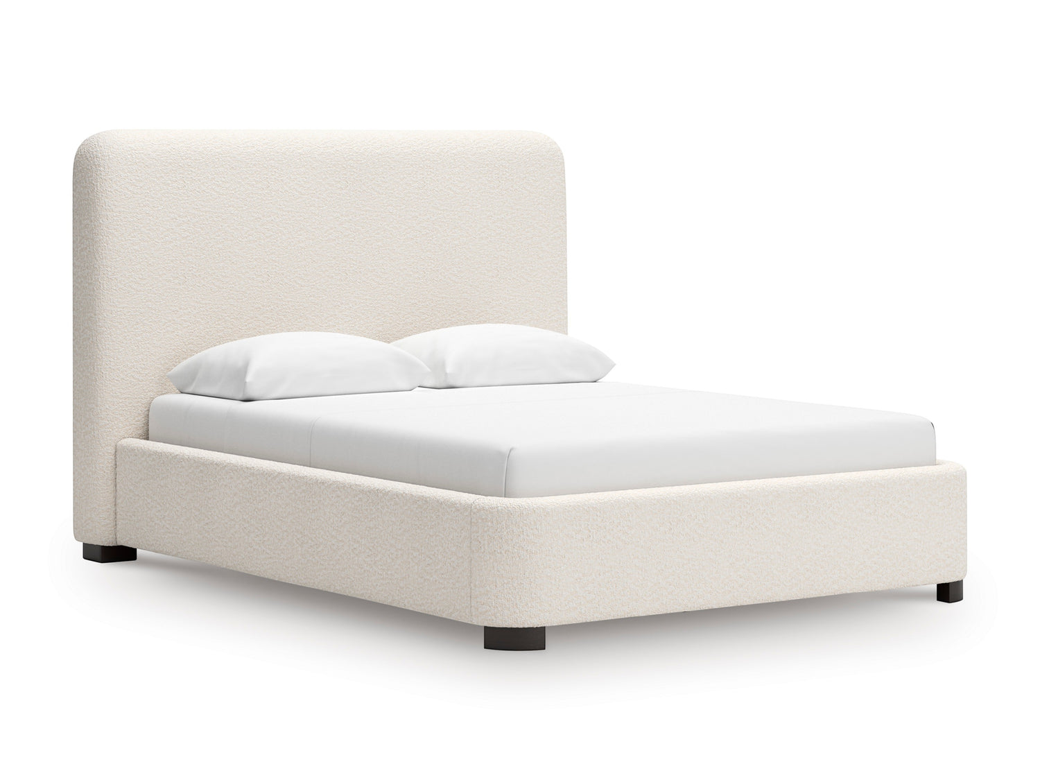 Grand lit Paloma TOCO Meubles en tissu bouclé crème avec tête de lit enveloppante et pieds discrets.