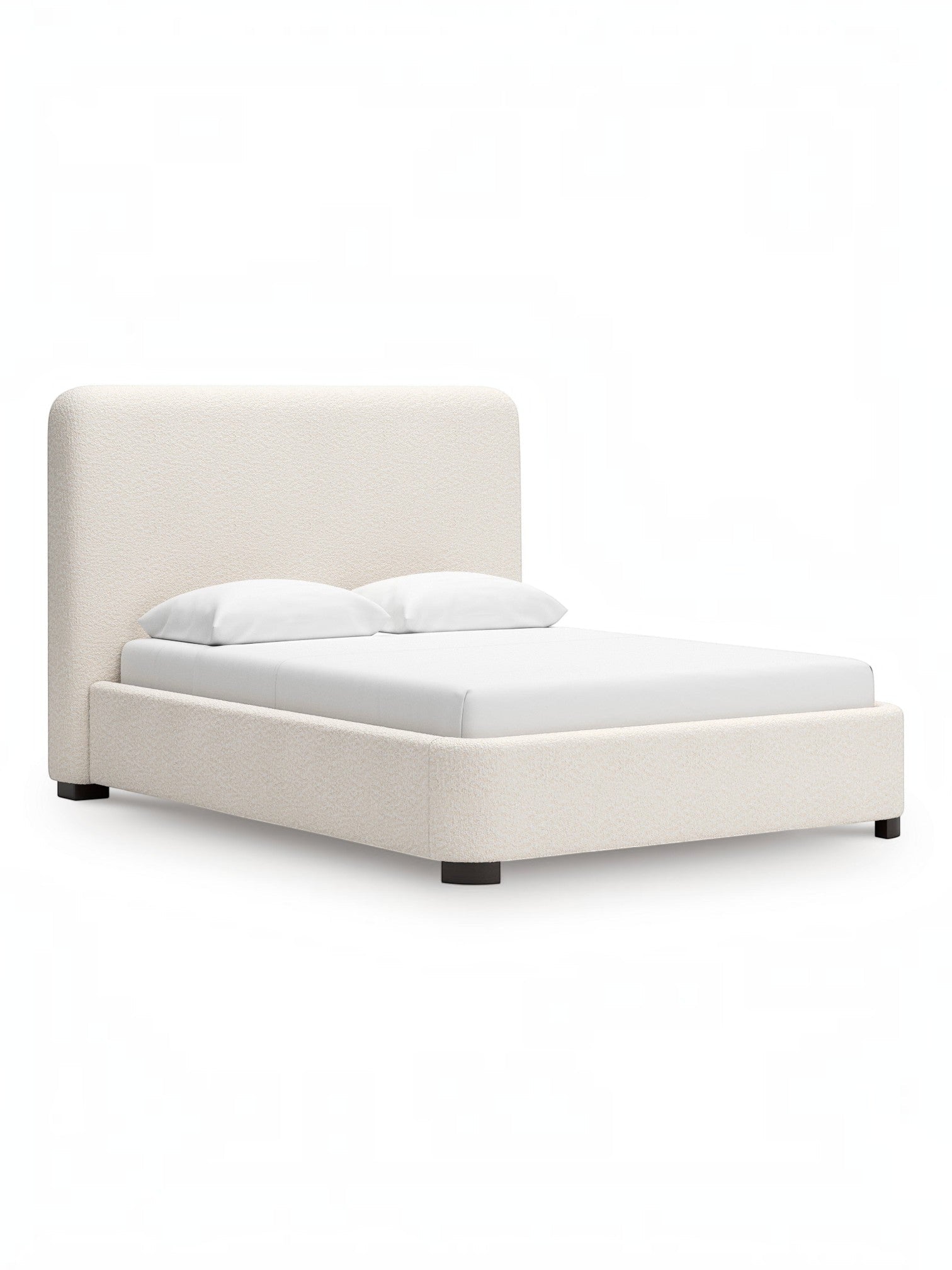 Grand lit Paloma TOCO Meubles en tissu bouclé crème avec tête de lit enveloppante et pieds discrets.