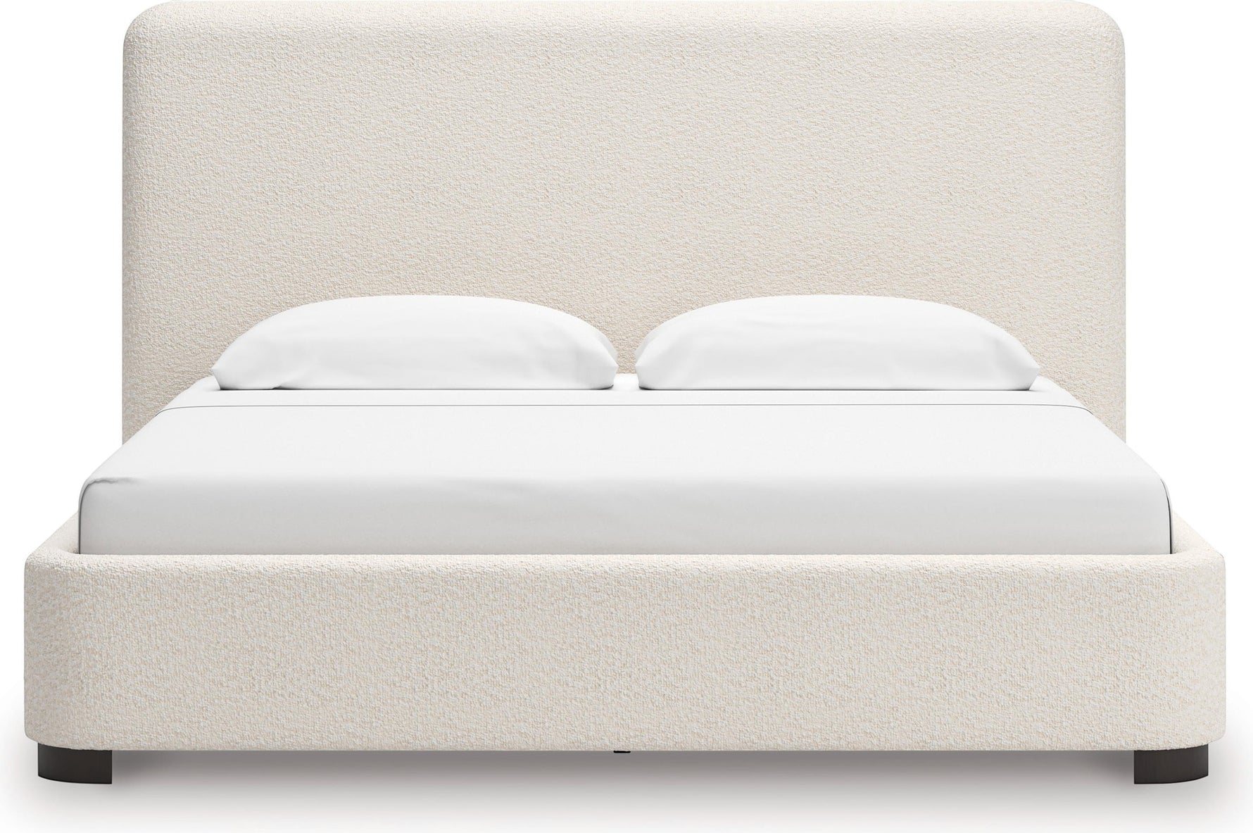 Lit Paloma TOCO Meubles grand format en tissu bouclé crème avec tête de lit enveloppante et pieds discrets.