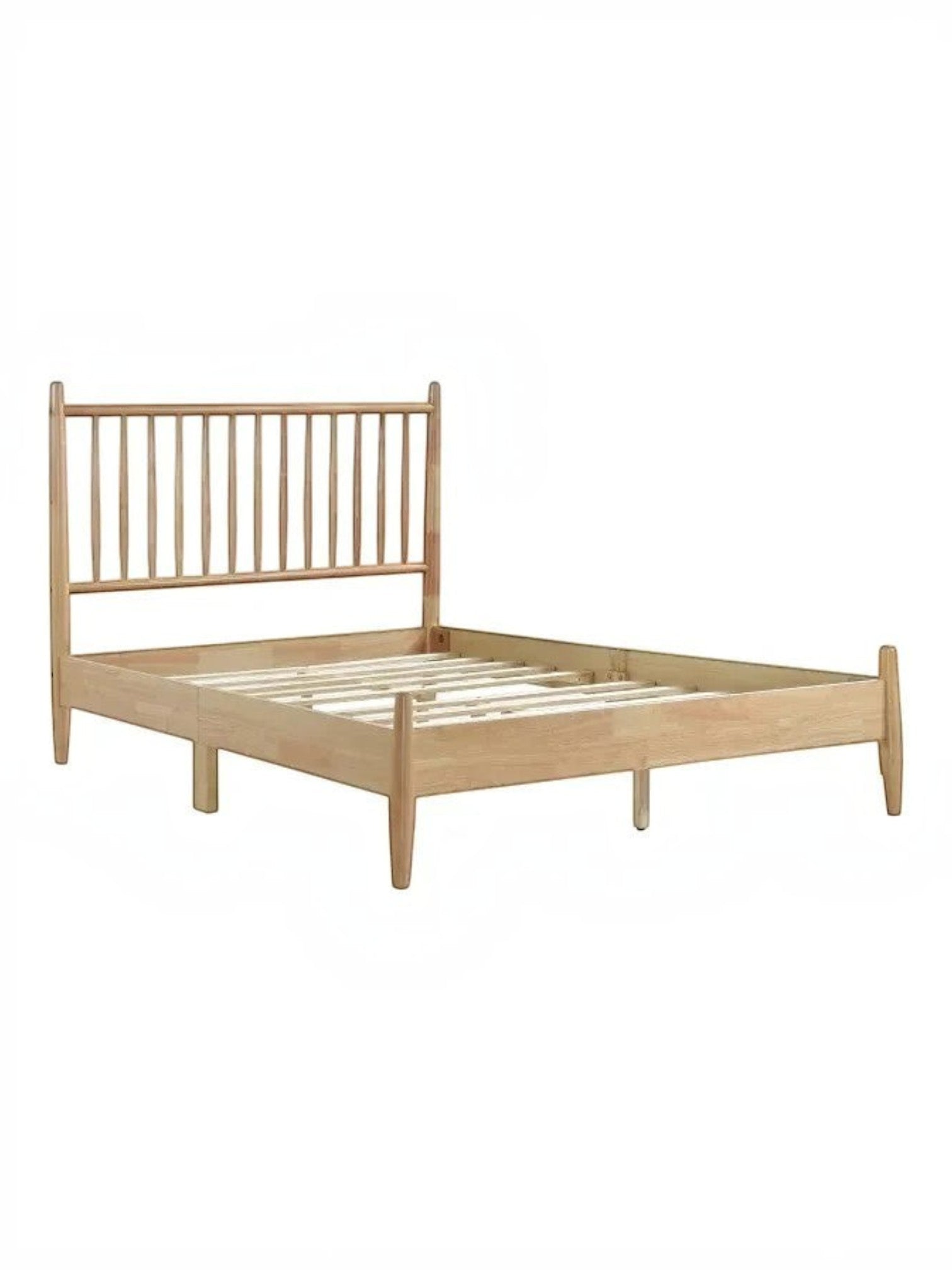 Lit double Paolo en bois naturel TOCO Meubles avec tête de lit à lattes verticales et pieds fuselés, style Mid-Century Modern.