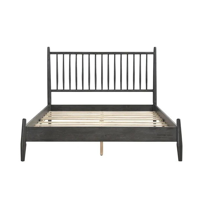 TOCO Meubles Grand Lit Paolo en bois gris avec tête de lit à lattes verticales, style Mid-Century Modern