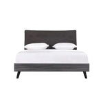 Lit double Paolo TOCO Meubles en bois gris avec tête de lit capitonnée foncée et pieds noirs, style Mid-Century Modern.