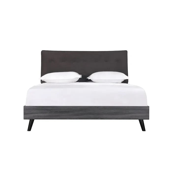Lit plateforme Paolo TOCO Meubles gris foncé avec tête de lit capitonnée et pieds obliques, style Mid-Century Modern.