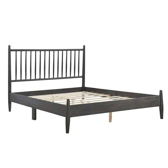 TOCO Meubles Grand Lit Paolo en bois gris foncé, tête de lit à lattes verticales, style Mid-Century Modern