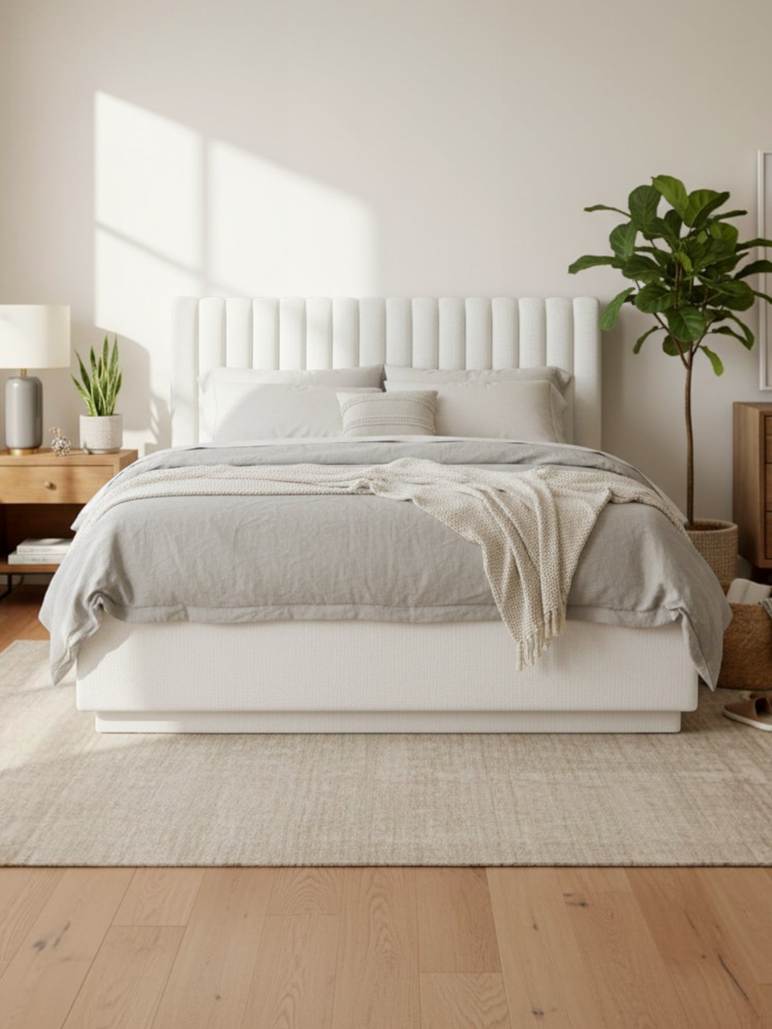 Lit plateforme queen TOCO Meubles beige avec tête de lit capitonnée verticale dans une chambre moderne et lumineuse