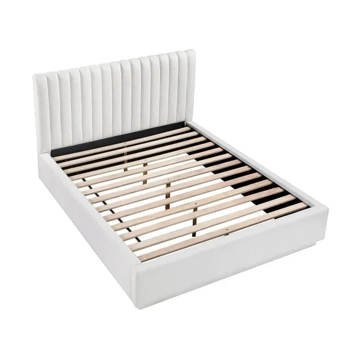 Lit plateforme blanc TOCO Meubles avec tête de lit capitonnée verticale et lattes en bois. Design moderne et épuré.
