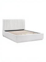 Lit plateforme blanc TOCO Meubles avec tête de lit capitonnée verticale et base épurée. Tissu texturé.
