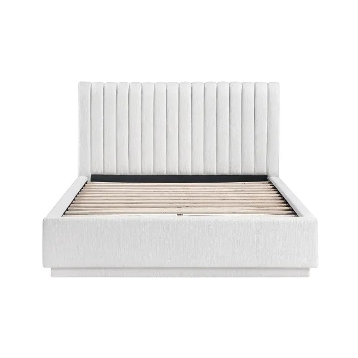Lit plateforme blanc TOCO Meubles avec tête de lit capitonnée verticale et structure basse