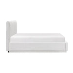 Lit plateforme blanc TOCO Meubles avec tête de lit capitonnée verticale, revêtement texturé doux, profil bas.