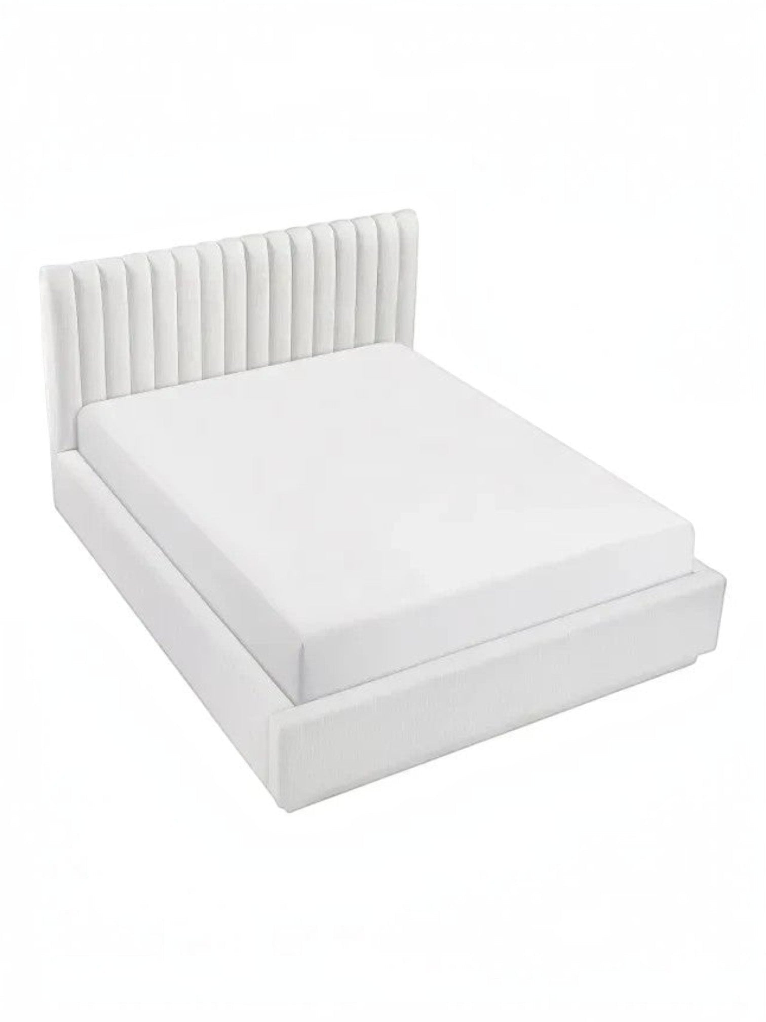 Lit plateforme blanc TOCO Meubles avec tête de lit capitonnée verticale, revêtement texturé doux, style moderne.