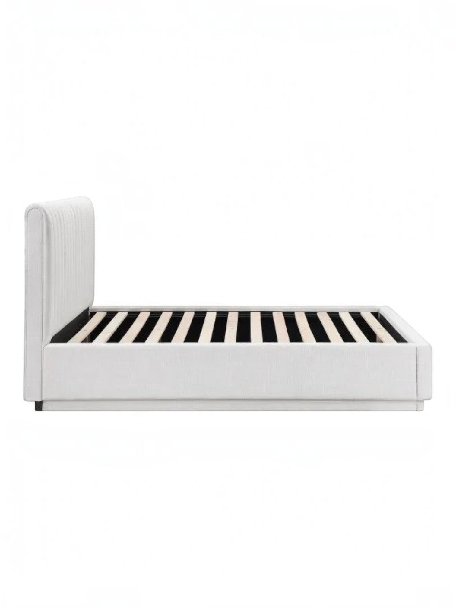 Lit plateforme King TOCO Meubles blanc avec tête de lit capitonnée verticalement et lattes de soutien apparentes