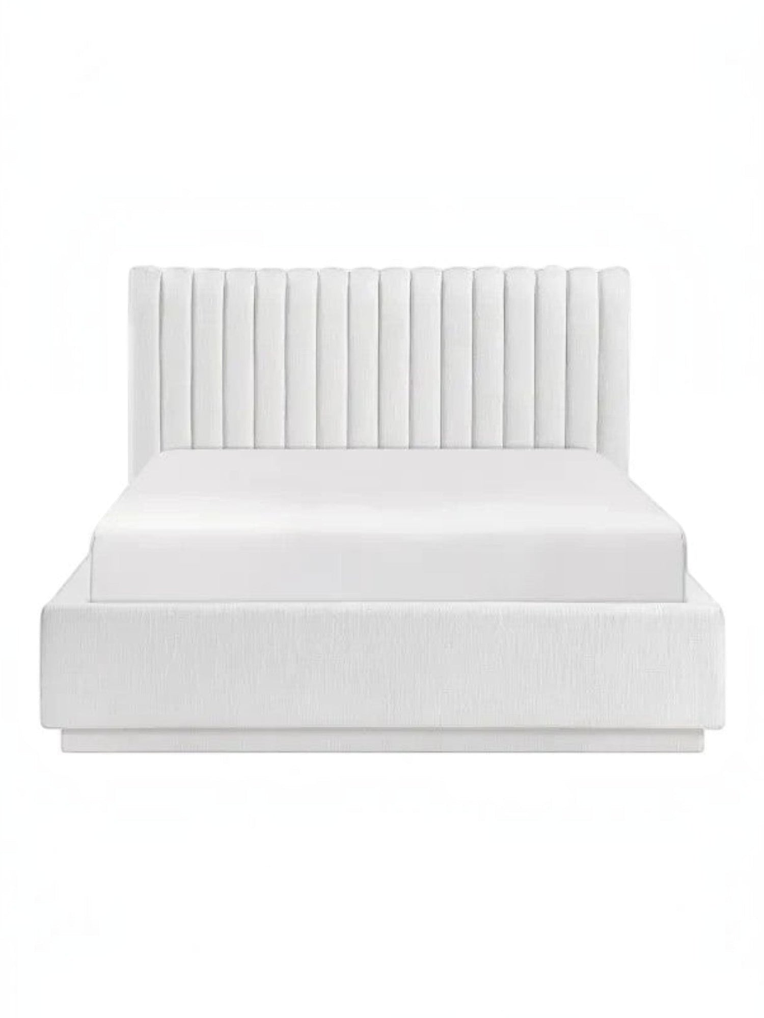 Lit plateforme King TOCO Meubles blanc avec tête de lit capitonnée en canaux verticaux et revêtement texturé