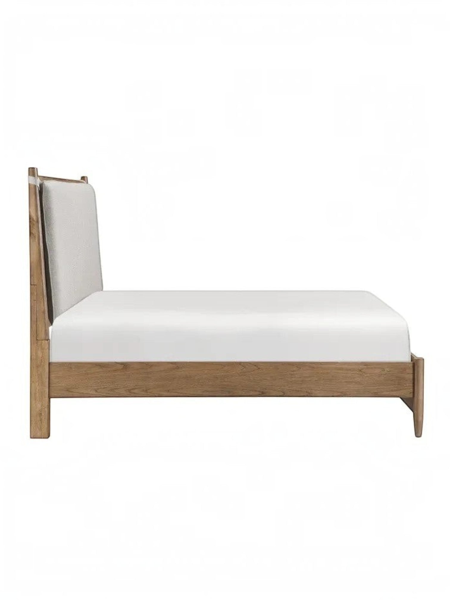Lit plateforme TOCO Meubles Noria en bois brun avec tête de lit rembourrée amovible, vue de profil