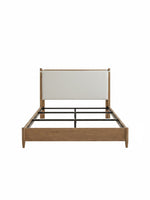 Lit plateforme TOCO Meubles Noria en bois brun avec tête de lit rembourrée beige et lattes de support intégrées