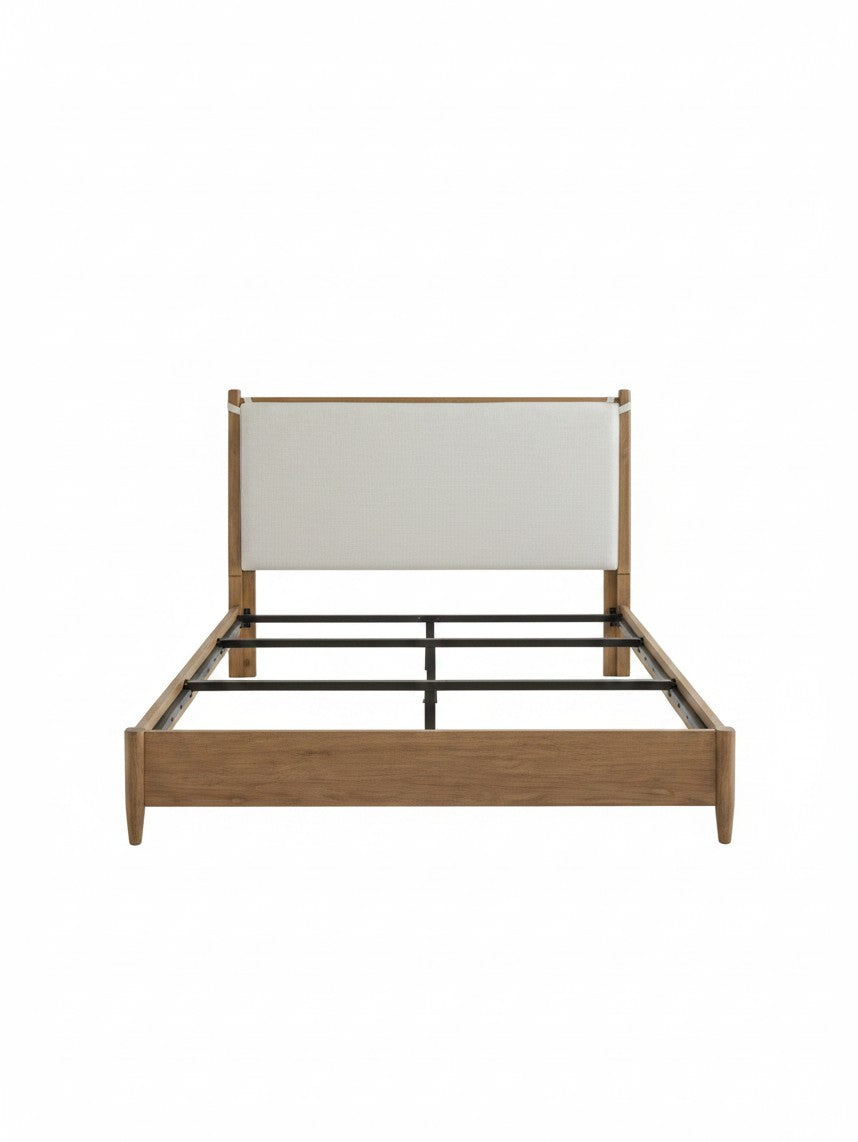 Lit plateforme TOCO Meubles Noria en bois brun avec tête de lit rembourrée beige et lattes de support intégrées