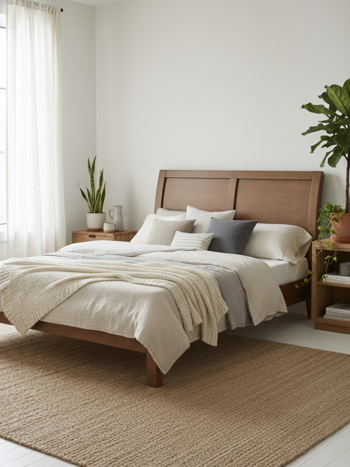 Très grand lit plateforme TOCO Meubles Antoine en bois brun clair avec tête de lit style traîneau dans une chambre
