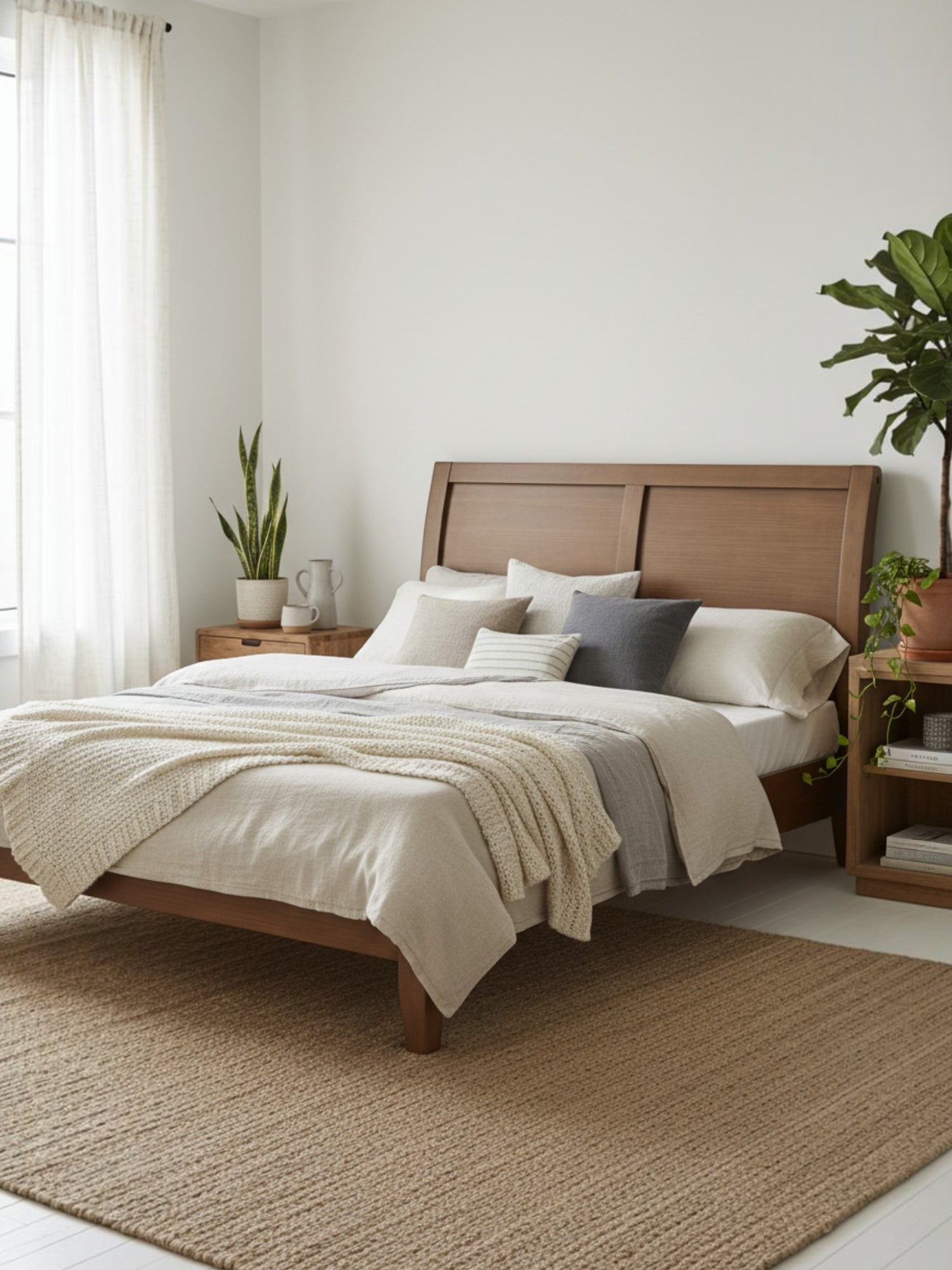 Très grand lit plateforme TOCO Meubles Antoine en bois brun clair avec tête de lit style traîneau dans une chambre