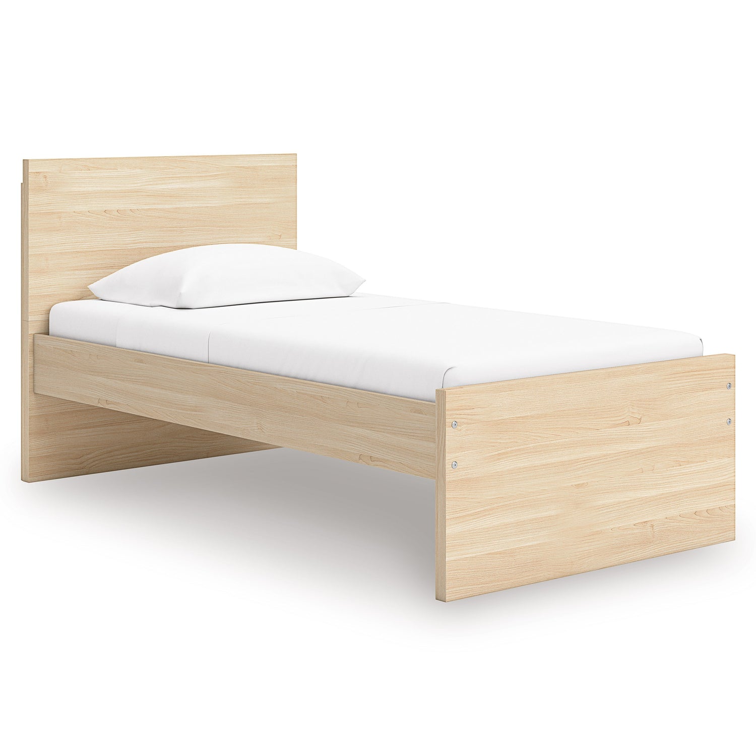 Lit simple plateforme en bois clair TOCO Meubles, design minimaliste avec tête de lit rectangulaire et matelas blanc.