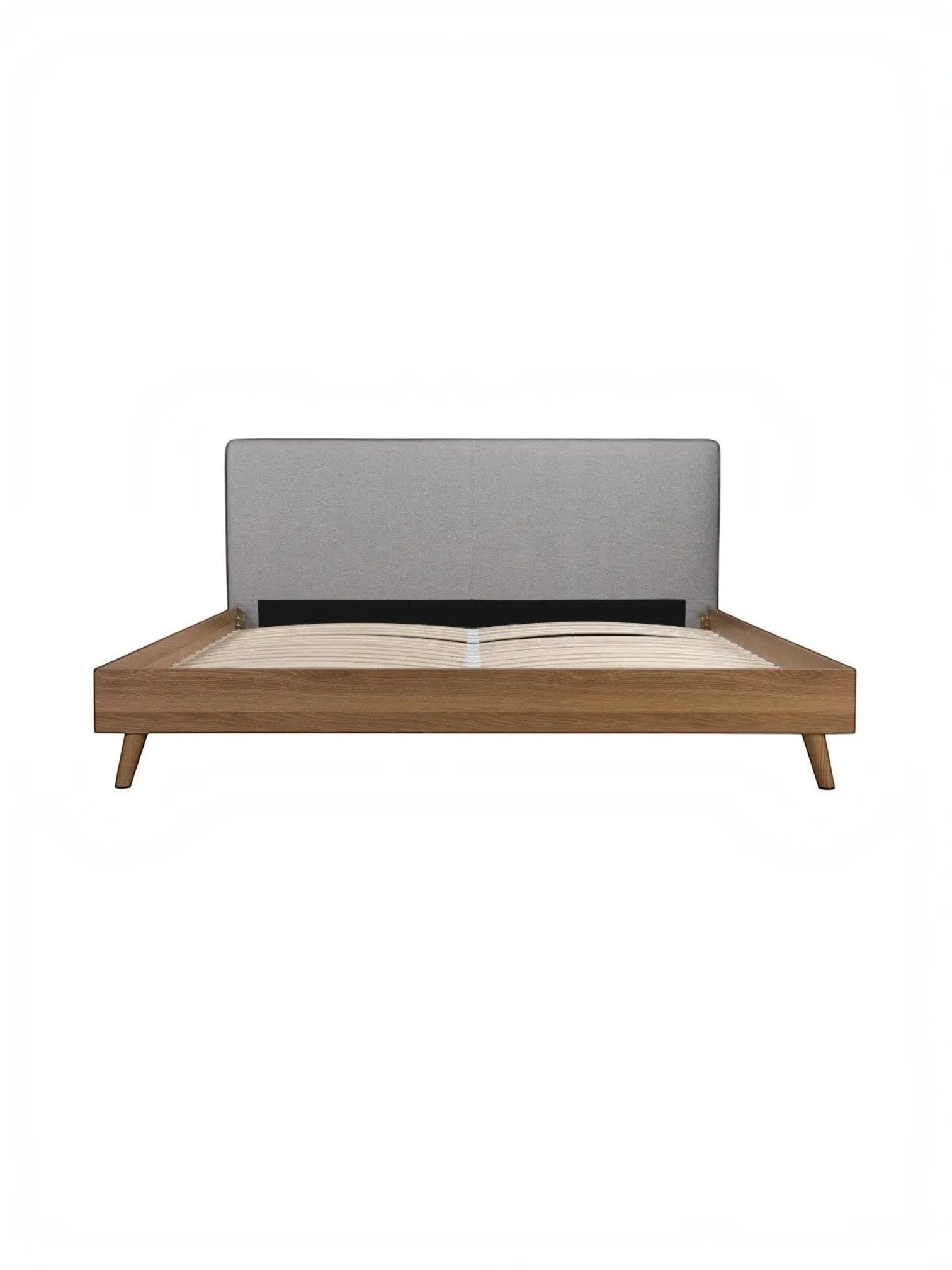 Très grand lit TOCO Meubles Nova plateforme en bois brun avec tête de lit rembourrée en tissu gris style moderne