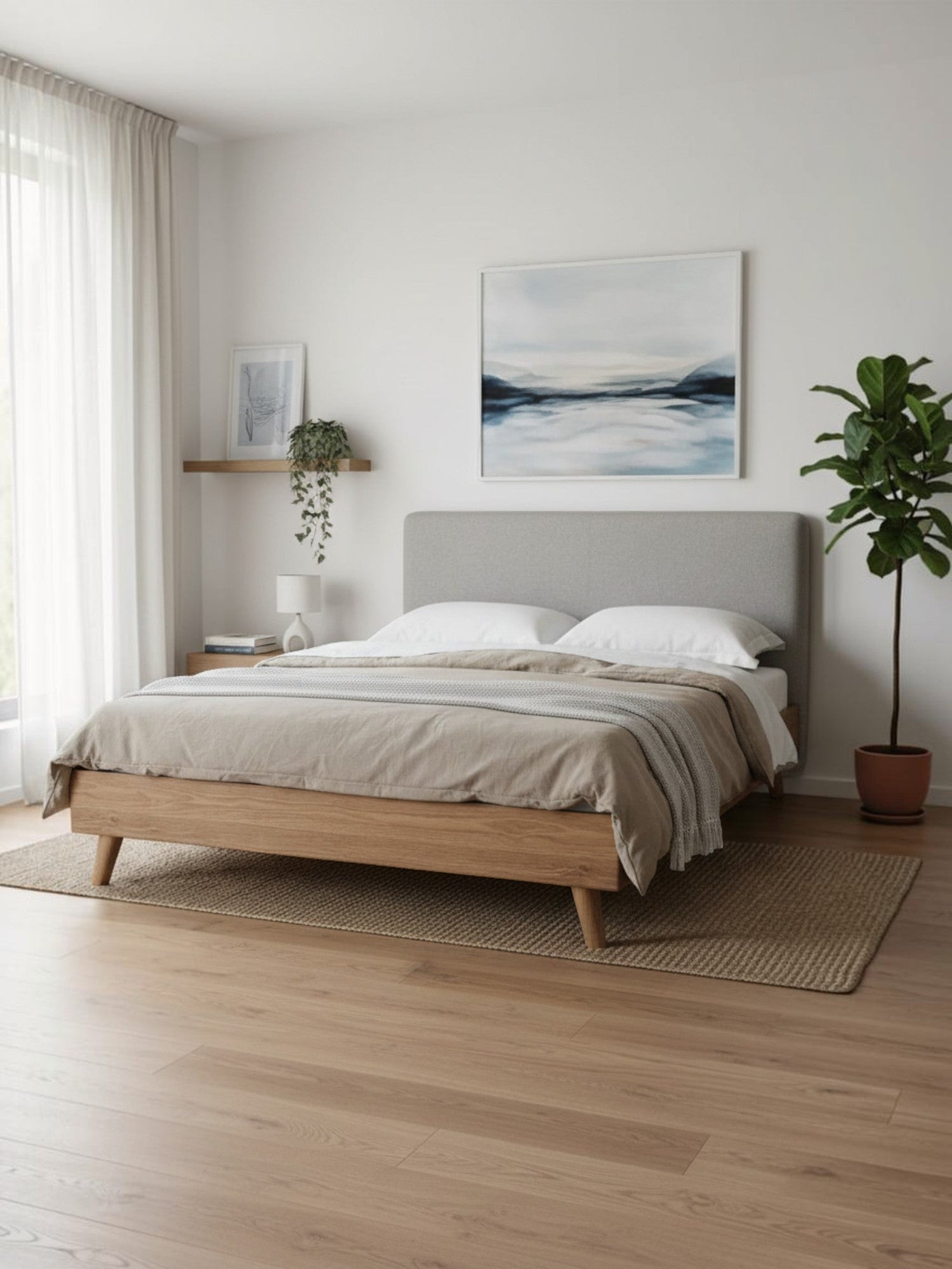 Lit plateforme TOCO Meubles Nova en bois brun avec tête de lit rembourrée grise dans une chambre moderne
