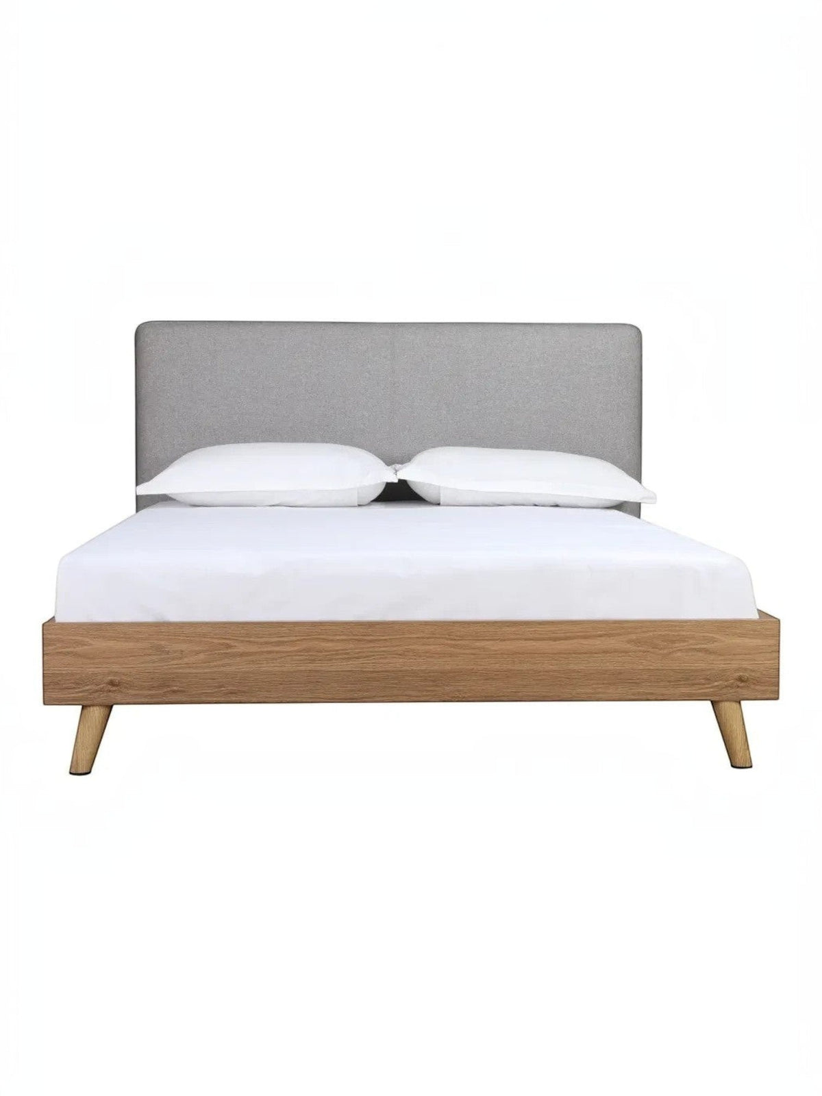 Lit plateforme TOCO Meubles Nova avec cadre en bois brun et tête de lit rembourrée en tissu gris style moderne