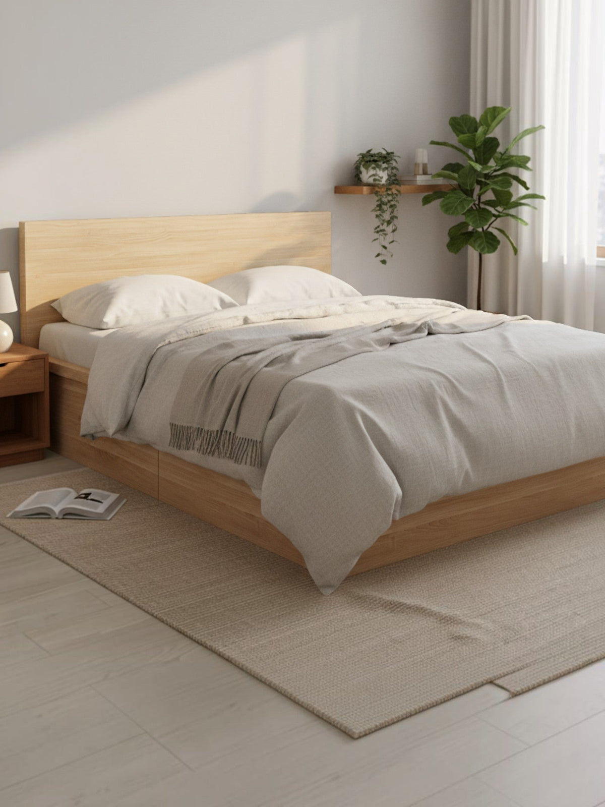 Très grand lit plateforme Hazel par TOCO Meubles en bois naturel au design minimaliste dans une chambre moderne