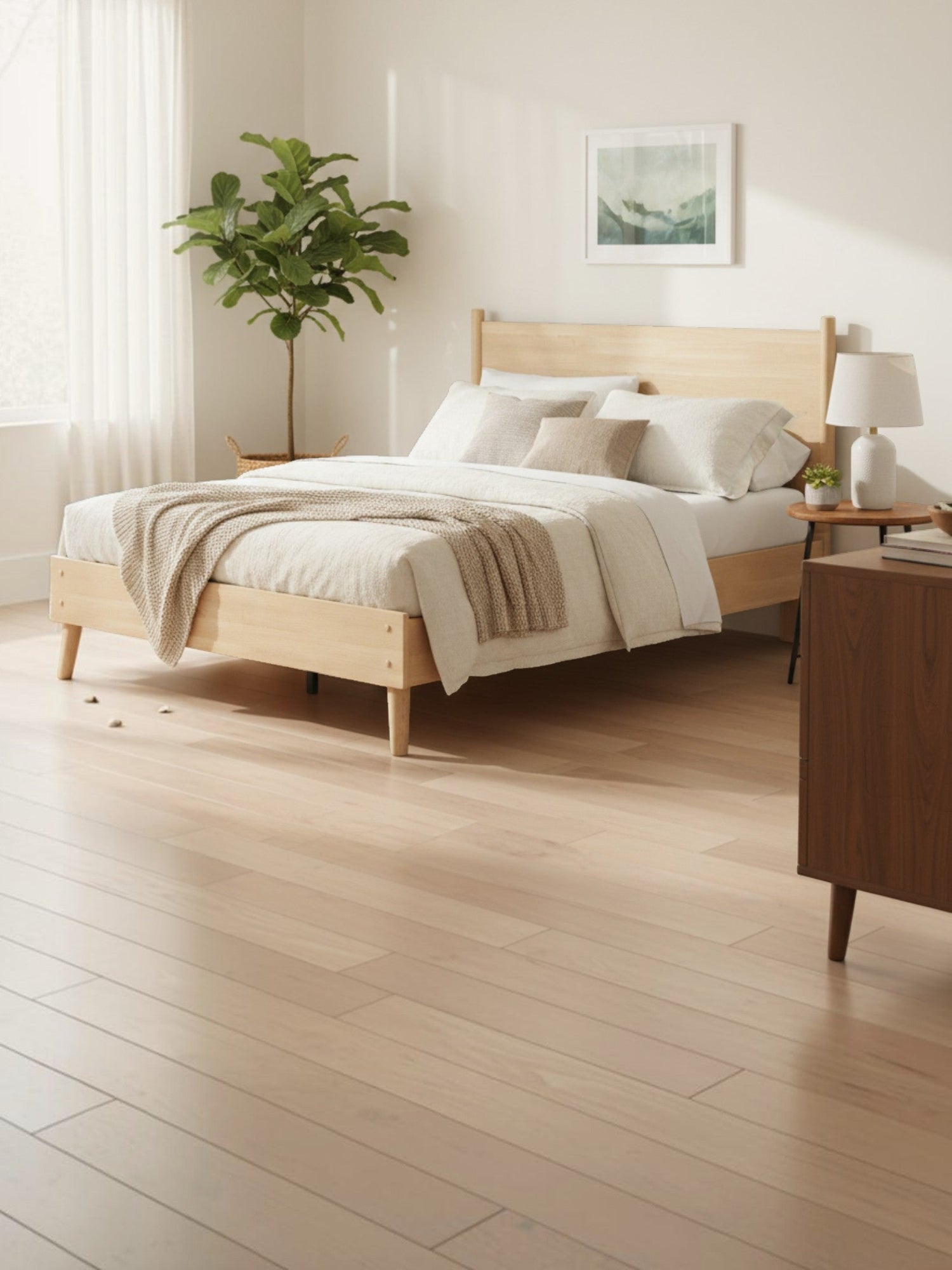 Lit plateforme Anita en bois naturel par TOCO Meubles dans une chambre moderne et lumineuse avec linge de lit beige