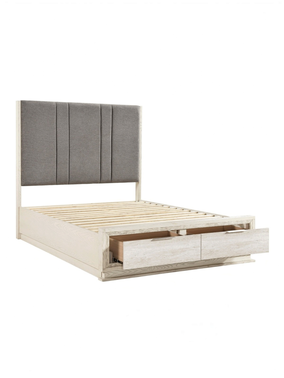 Lit plateforme TOCO Meubles Éloïse avec tête de lit en chenille grise et tiroirs de rangement intégrés au pied