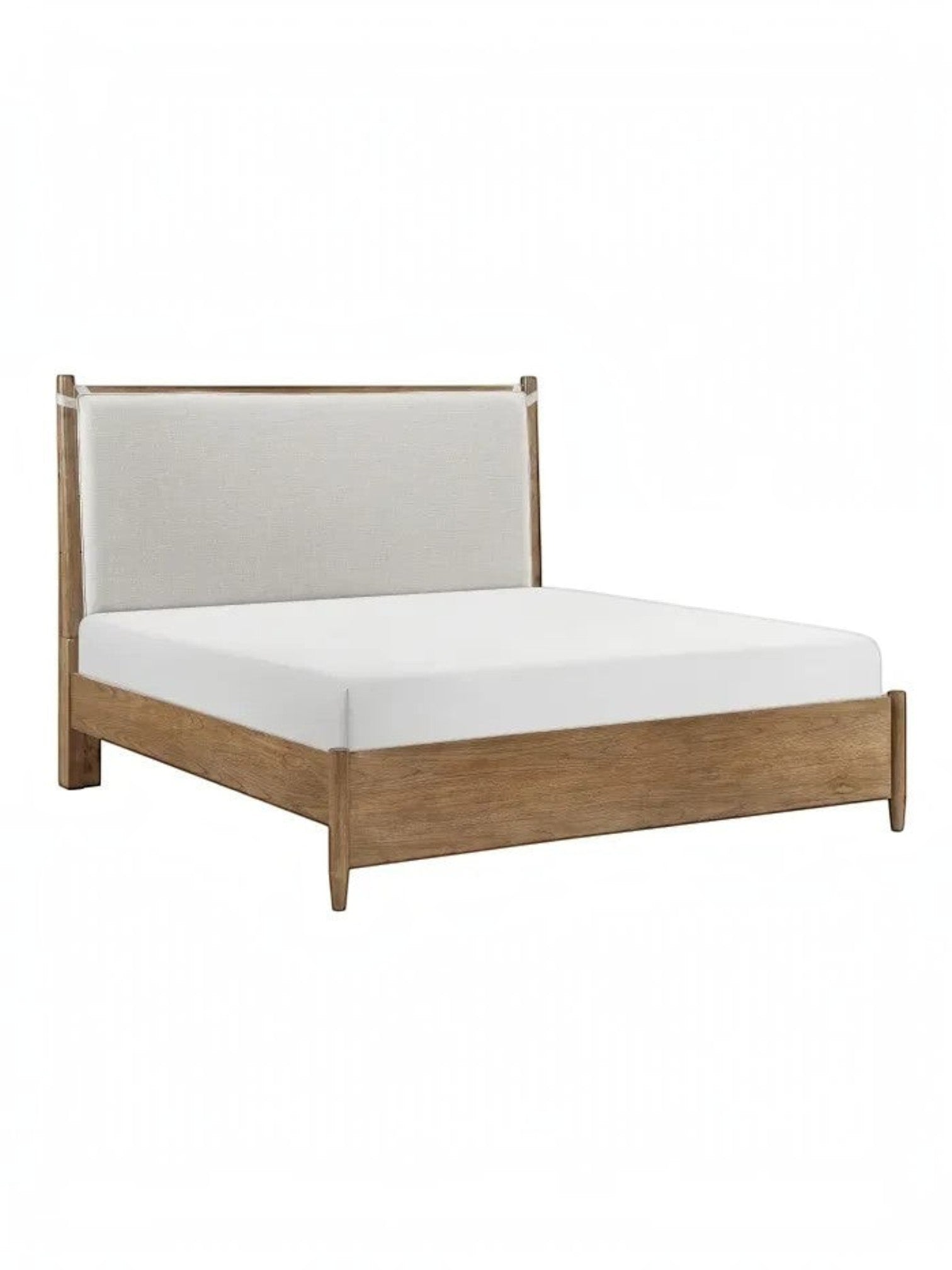 Très grand lit plateforme Noria par TOCO Meubles en bois de hickory brun avec tête de lit rembourrée beige